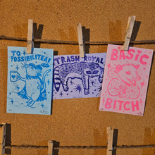 Charger l'image dans la galerie, Trash Trifecta Block Print Set | Lino Block Print | Limited Possum Print | Mouse Art Print | Raccoon Art | Canadian