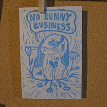 Load and play video in Gallery viewer, No Bunny Business Block Print | Lino Block Print | Limited Bunny Print | Cute Rabbit Print | Sassy Art | Canadian
