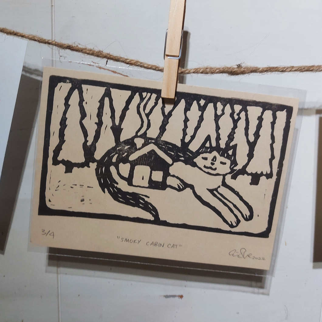 Smoky Cabin Cat Lino Print (5x7)